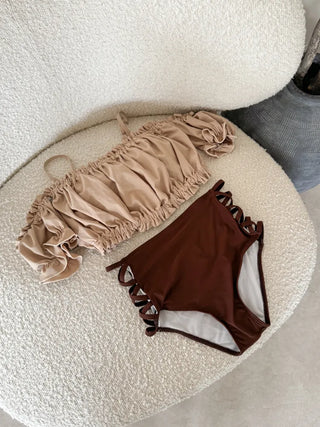 Cream of Color Block Off-Shoulder Bikini High-Waisted Swimsuit