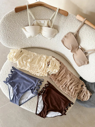Cream of Color Block Off-Shoulder Bikini High-Waisted Swimsuit