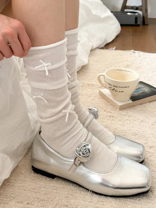 Enjoy Mini Ribbon See-through Pleated Warmer Long Socks