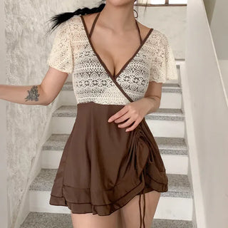Shoi Lace Shirred Ribbon Skirt Dress Swimsuit