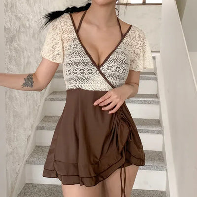 Shoi Lace Shirred Ribbon Skirt Dress Swimsuit