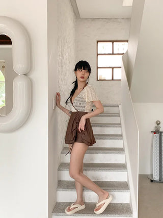 Shoi Lace Shirred Ribbon Skirt Dress Swimsuit