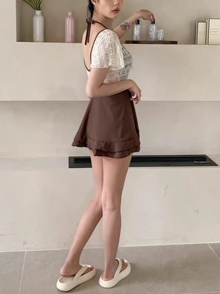 Shoi Lace Shirred Ribbon Skirt Dress Swimsuit