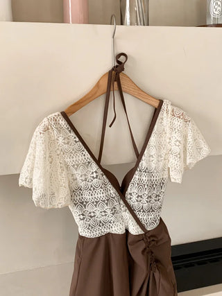 Shoi Lace Shirred Ribbon Skirt Dress Swimsuit