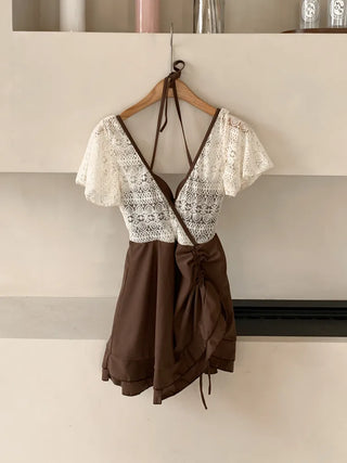 Shoi Lace Shirred Ribbon Skirt Dress Swimsuit