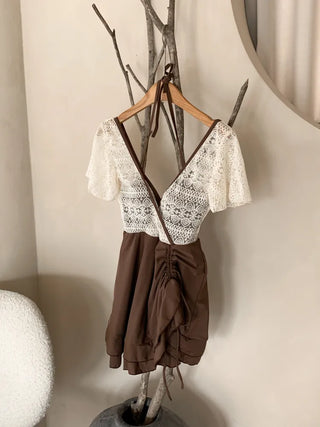 Shoi Lace Shirred Ribbon Skirt Dress Swimsuit