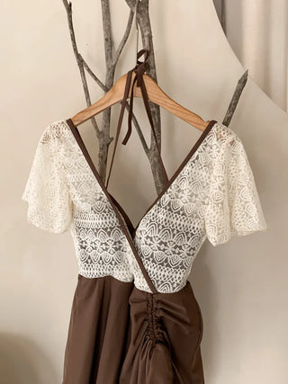 Shoi Lace Shirred Ribbon Skirt Dress Swimsuit