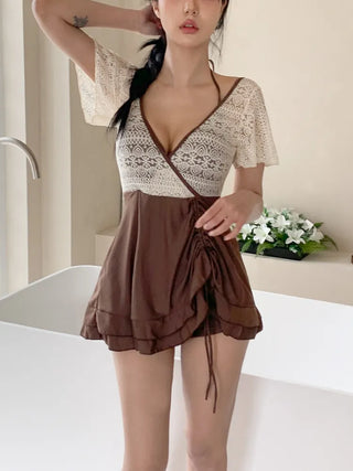 Shoi Lace Shirred Ribbon Skirt Dress Swimsuit