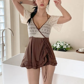 Shoi Lace Shirred Ribbon Skirt Dress Swimsuit