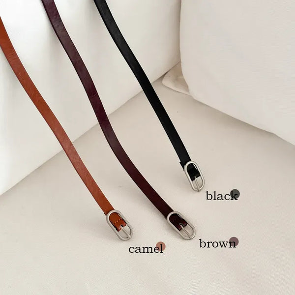 Matte Oval Slim Silver Basic Leather Belt