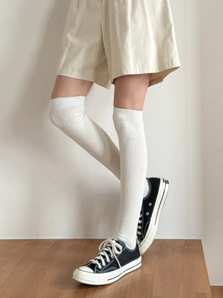 Long D Ribbed Slim Basic Plain Warmer Knee Socks Long Socks