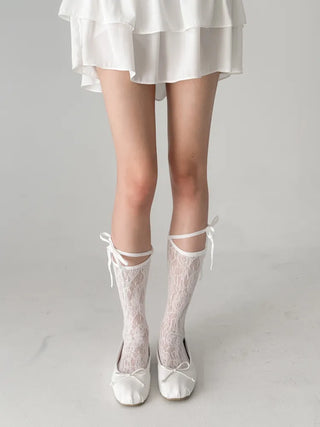 String Band Ribbon Flower Lace Knee Socks