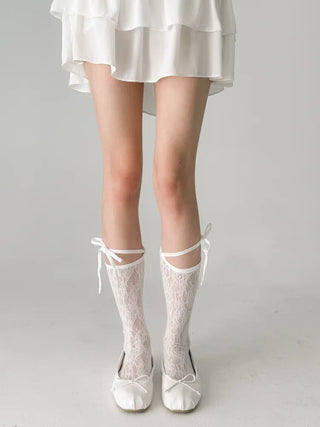 String Band Ribbon Flower Lace Knee Socks