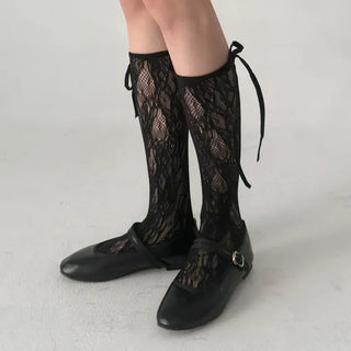 String Band Ribbon Flower Lace Knee Socks