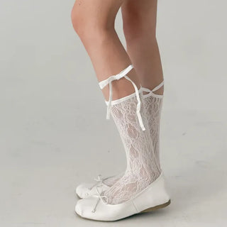 String Band Ribbon Flower Lace Knee Socks