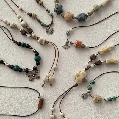 Ceramic Amekaji Vintage Wood Knot Bohemian Cord Long Necklace 8 Types