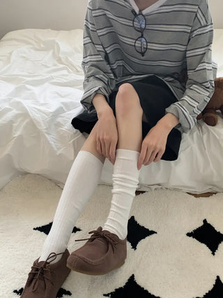 Deli Basic Ribbed Plain Color Knee-Long Socks