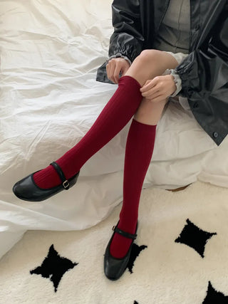 Deli Basic Ribbed Plain Color Knee-Long Socks