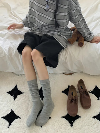 Deli Basic Ribbed Plain Color Knee-Long Socks