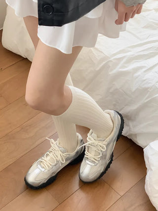 Deli Basic Ribbed Plain Color Knee-Long Socks