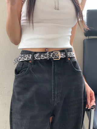 Gold Buckle Leopard Print Calfskin Leather Belt