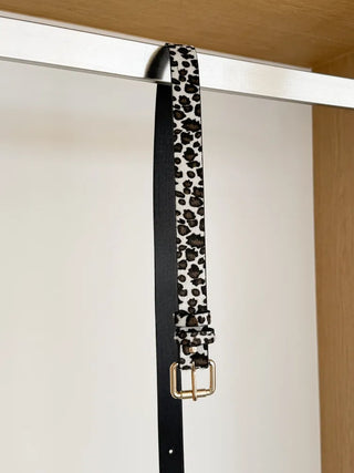Gold Buckle Leopard Print Calfskin Leather Belt