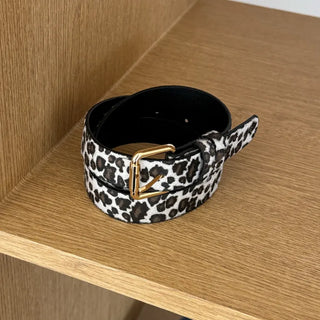 Gold Buckle Leopard Print Calfskin Leather Belt
