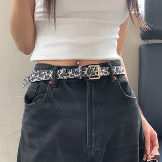 Gold Buckle Leopard Print Calfskin Leather Belt