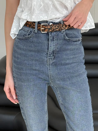 Gold Buckle Leopard Print Calfskin Leather Belt