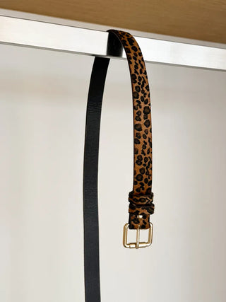 Gold Buckle Leopard Print Calfskin Leather Belt