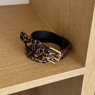 Gold Buckle Leopard Print Calfskin Leather Belt