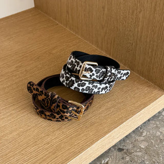 Gold Buckle Leopard Print Calfskin Leather Belt