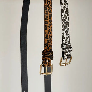 Gold Buckle Leopard Print Calfskin Leather Belt