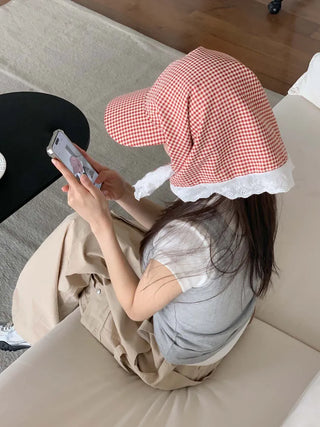 Pastel Gingham Check Bandana Scarf UV Protection Cap