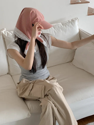 Pastel Gingham Check Bandana Scarf UV Protection Cap