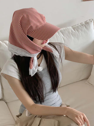 Pastel Gingham Check Bandana Scarf UV Protection Cap