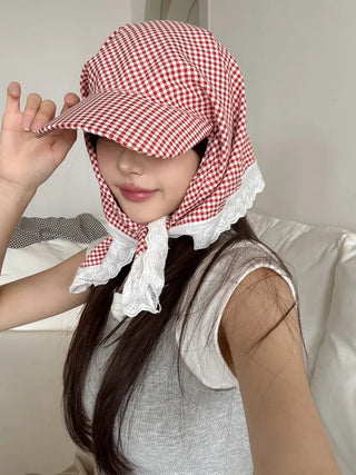 Pastel Gingham Check Bandana Scarf UV Protection Cap