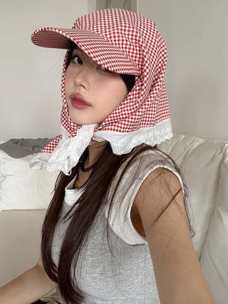Pastel Gingham Check Bandana Scarf UV Protection Cap