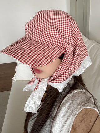 Pastel Gingham Check Bandana Scarf UV Protection Cap