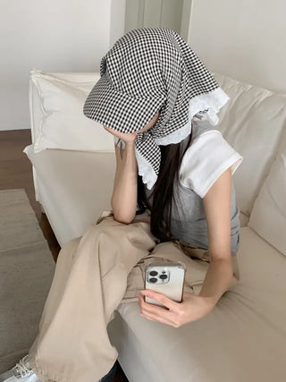 Pastel Gingham Check Bandana Scarf UV Protection Cap