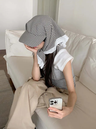 Pastel Gingham Check Bandana Scarf UV Protection Cap