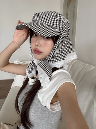 Pastel Gingham Check Bandana Scarf UV Protection Cap