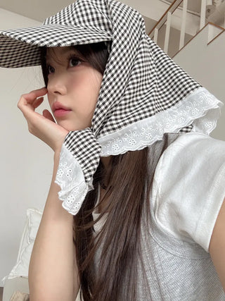 Pastel Gingham Check Bandana Scarf UV Protection Cap