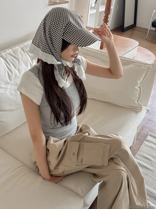 Pastel Gingham Check Bandana Scarf UV Protection Cap
