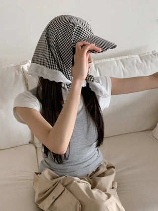 Pastel Gingham Check Bandana Scarf UV Protection Cap