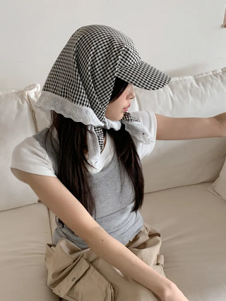 Pastel Gingham Check Bandana Scarf UV Protection Cap