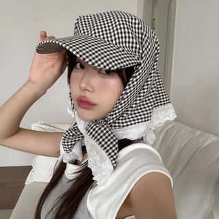 Pastel Gingham Check Bandana Scarf UV Protection Cap