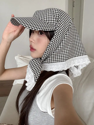 Pastel Gingham Check Bandana Scarf UV Protection Cap
