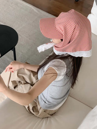 Pastel Gingham Check Bandana Scarf UV Protection Cap