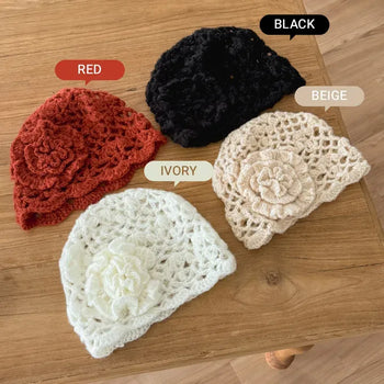 Big Rose Flower Knitted Mesh Beanie Hat